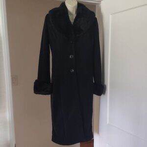 Black Faux Fur Trim (removeable at neck) Long Coat Jacket Fitted Lined - MEDIUM